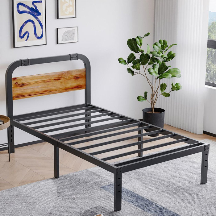 Williston Ashwyn Wood and Black Metal Bed Frames with Headboard
